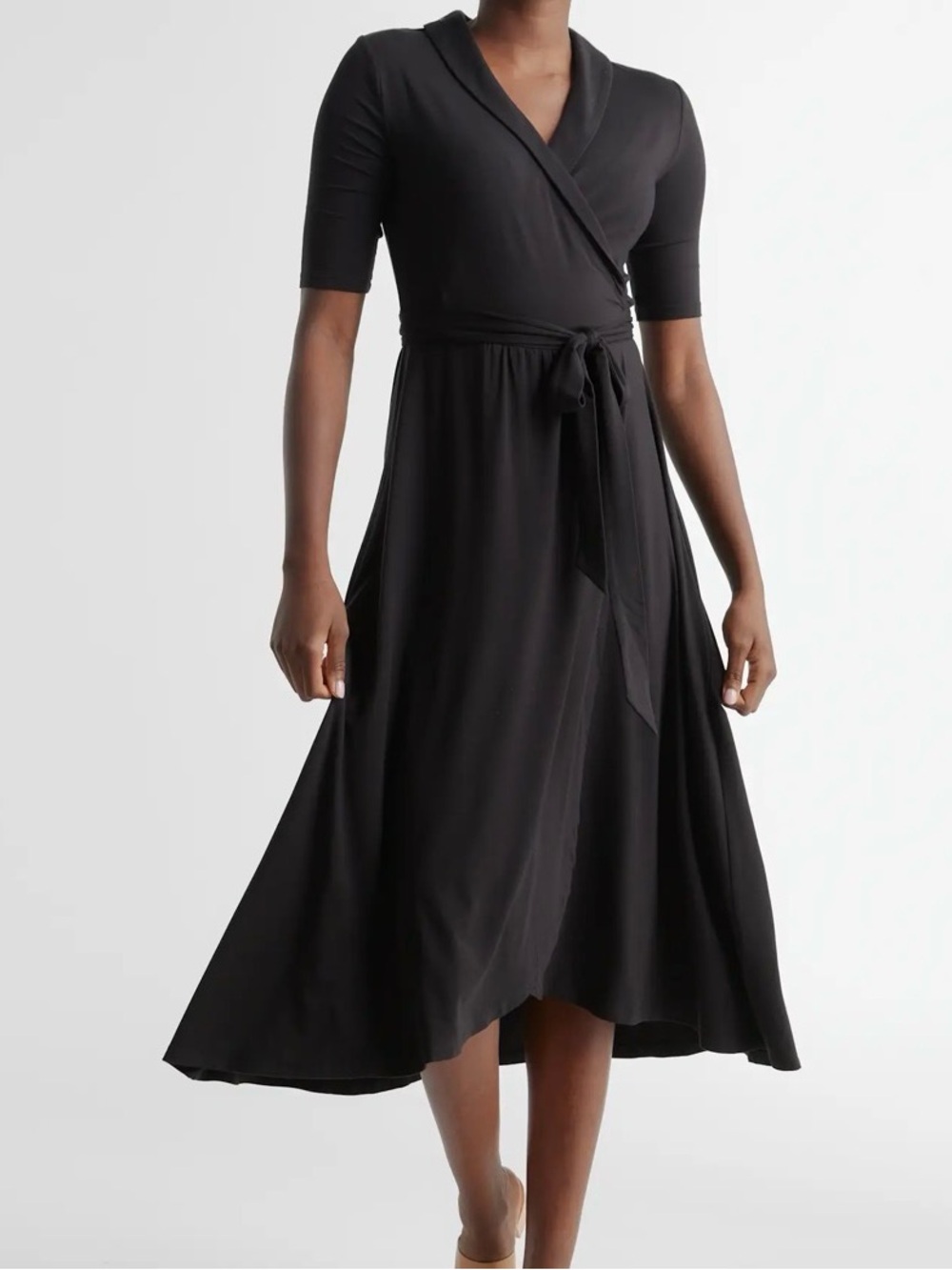 Quince Black Tencel Wrap Midi Dress Large High Low Bohemian Chic Retro
